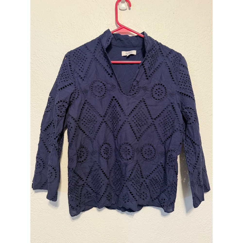 Avara Navy Blue Eyelet Embroidered High Neck Blouse Top Small TI6934AV